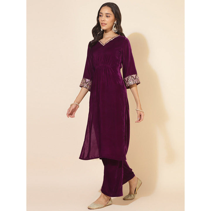 Janasya Women Purple Velvet Embellished Kurta with Palazzo (Set of 2)