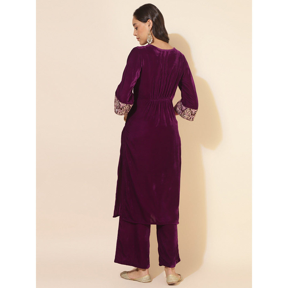 Janasya Women Purple Velvet Embellished Kurta with Palazzo (Set of 2)