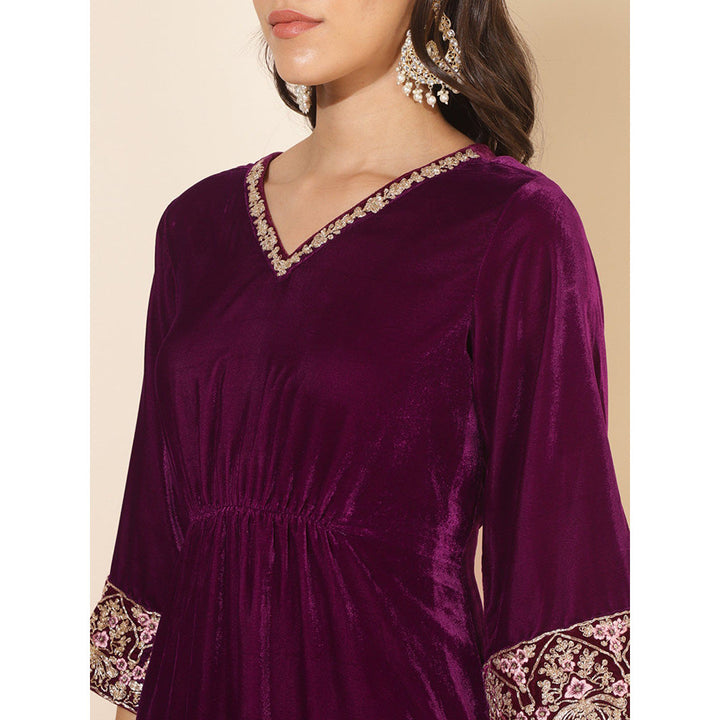 Janasya Women Purple Velvet Embellished Kurta with Palazzo (Set of 2)