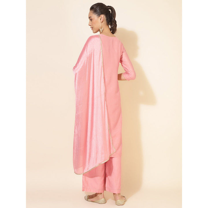 Janasya Women Pink Chanderi Embellished Kurta with Palazzo & Dupatta (Set of 3)