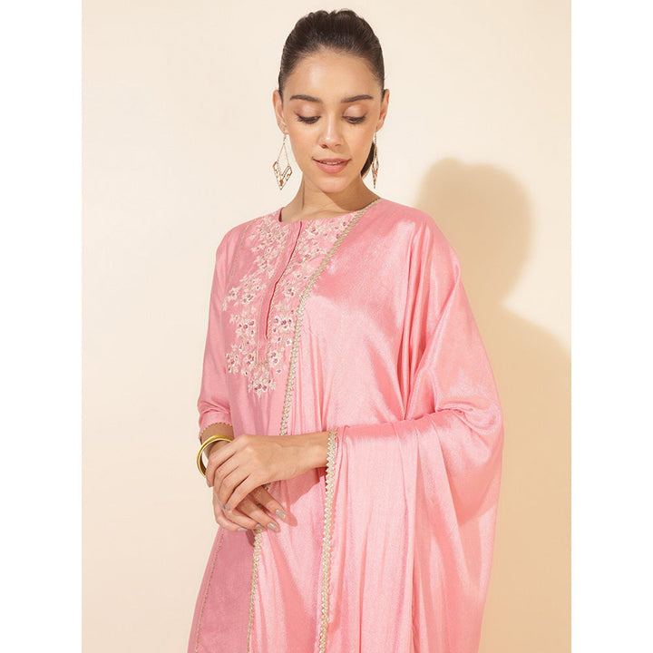 Janasya Women Pink Chanderi Embellished Kurta with Palazzo & Dupatta (Set of 3)