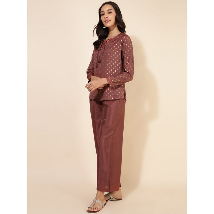 Janasya Women Brown Crepe Silk Foil Printed Top with Pants Co- Ord (Set of 2)