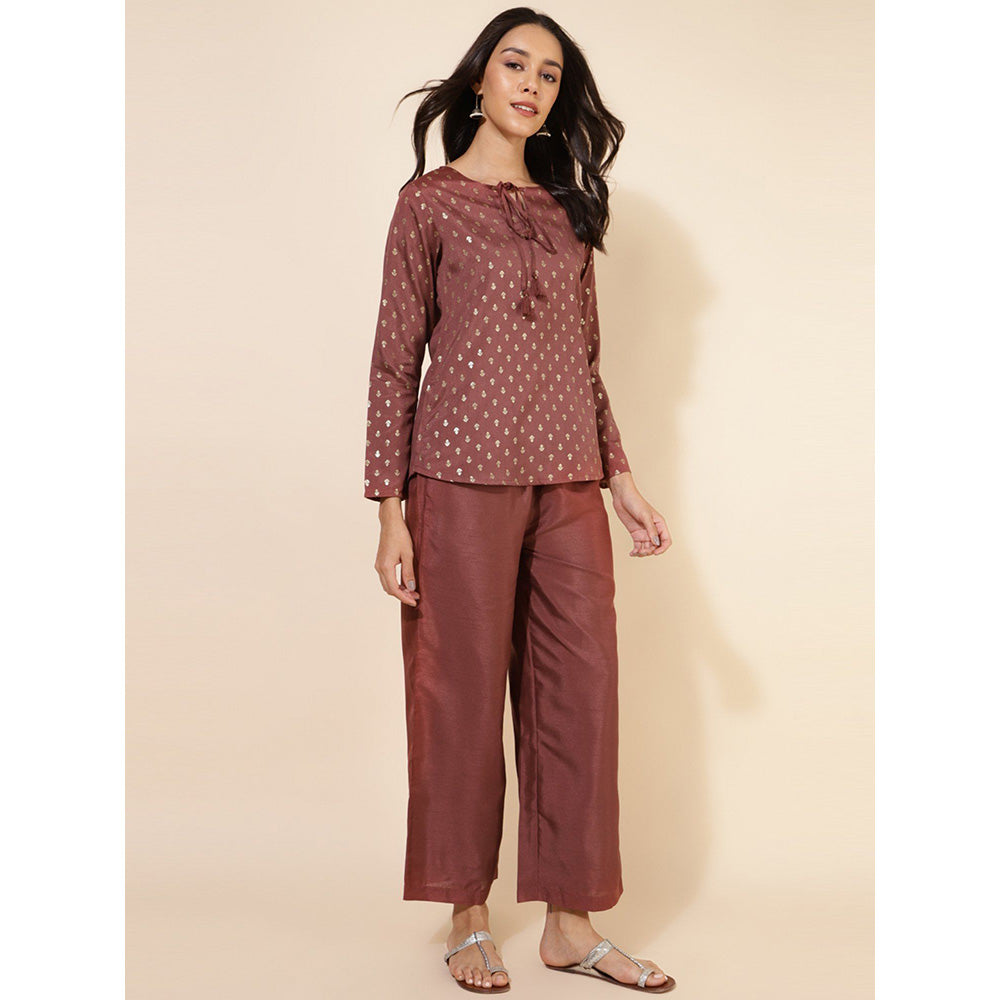 Janasya Women Brown Crepe Silk Foil Printed Top with Pants Co- Ord (Set of 2)