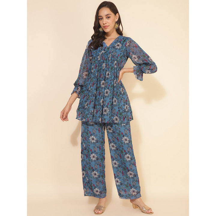 Janasya Women Blue Chiffon Lurex Floral Printed Top with Pant Co-Ord (Set of 2)