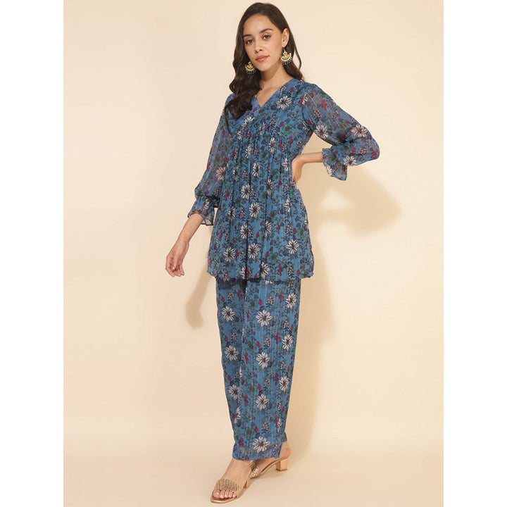 Janasya Women Blue Chiffon Lurex Floral Printed Top with Pant Co-Ord (Set of 2)