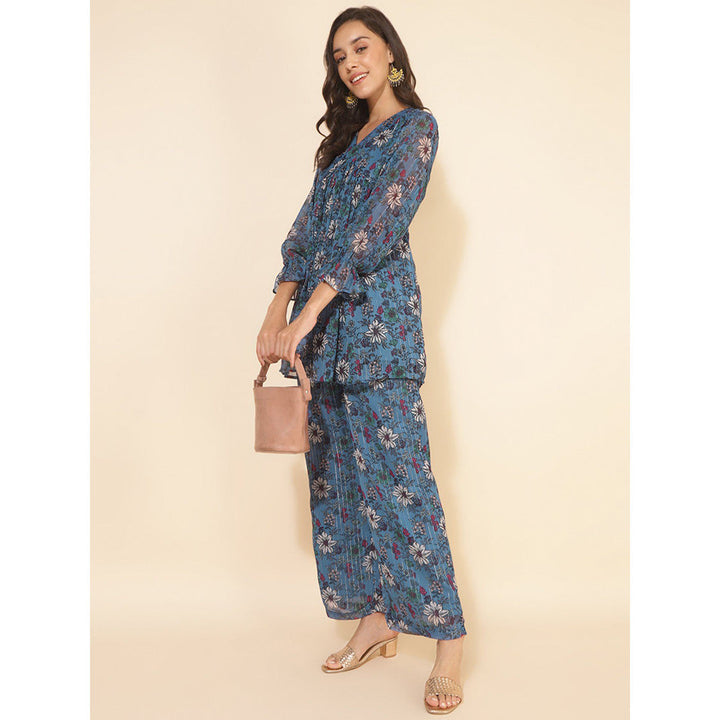 Janasya Women Blue Chiffon Lurex Floral Printed Top with Pant Co-Ord (Set of 2)