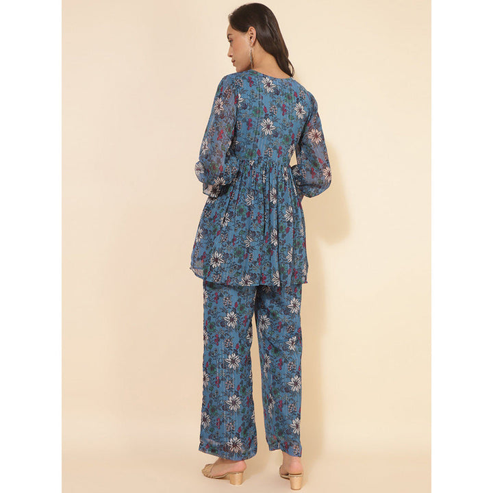 Janasya Women Blue Chiffon Lurex Floral Printed Top with Pant Co-Ord (Set of 2)