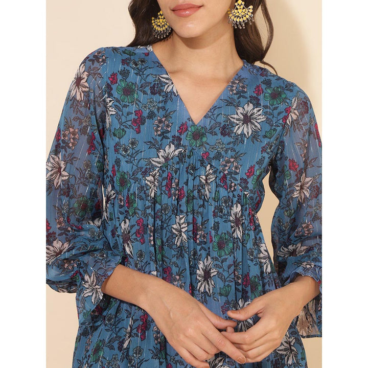 Janasya Women Blue Chiffon Lurex Floral Printed Top with Pant Co-Ord (Set of 2)