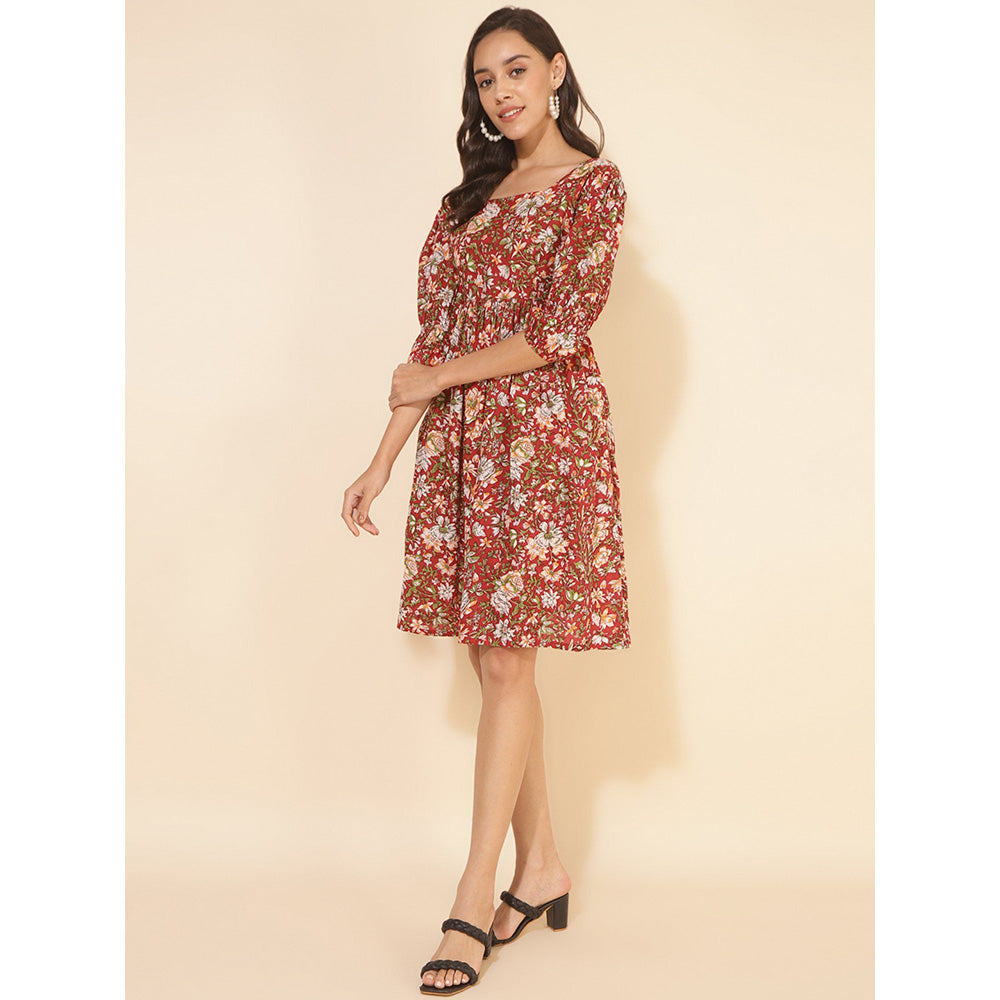 Janasya Women Maroon Cotton Floral Printed Gathered Knee Length Dress