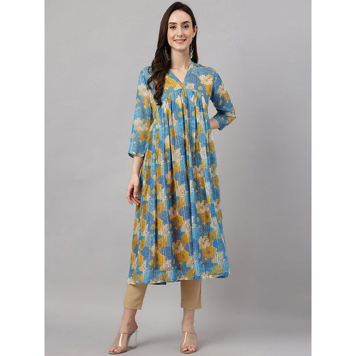 Janasya Women Blue Chiffon Lurex Floral Printed flared Kurta