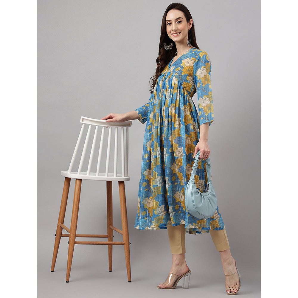 Janasya Women Blue Chiffon Lurex Floral Printed flared Kurta