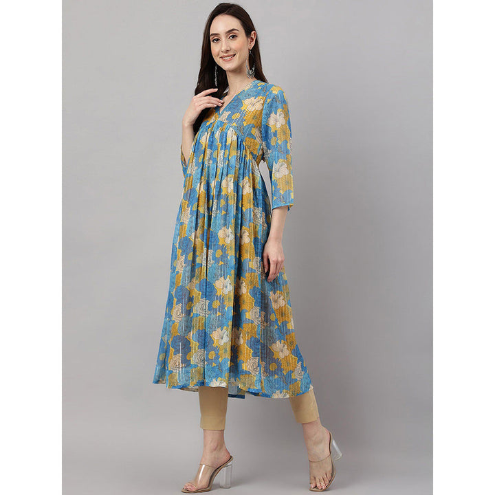 Janasya Women Blue Chiffon Lurex Floral Printed flared Kurta