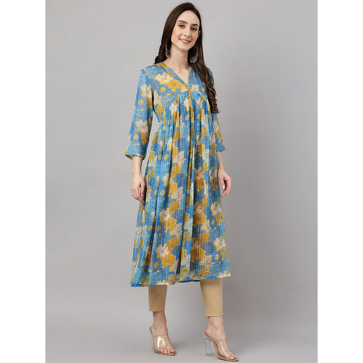 Janasya Women Blue Chiffon Lurex Floral Printed flared Kurta