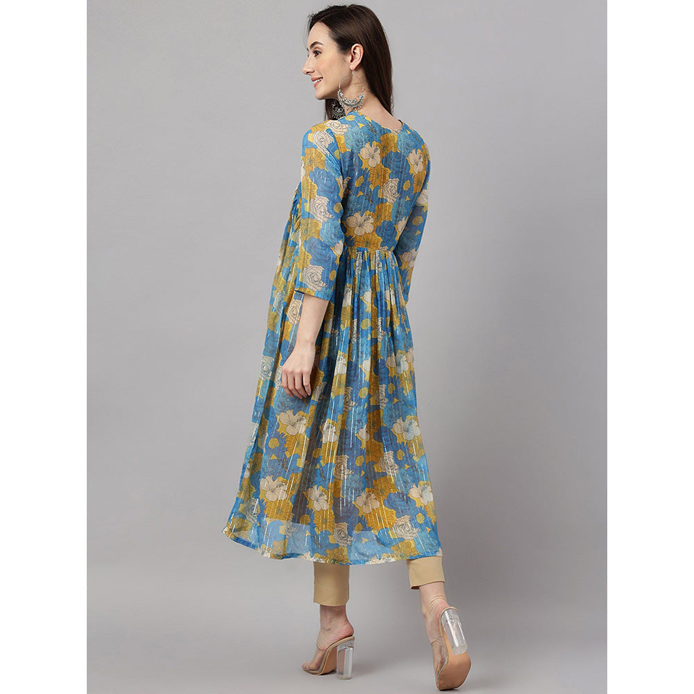 Janasya Women Blue Chiffon Lurex Floral Printed flared Kurta