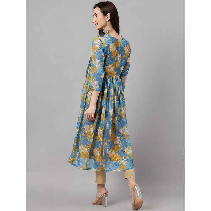 Janasya Women Blue Chiffon Lurex Floral Printed flared Kurta