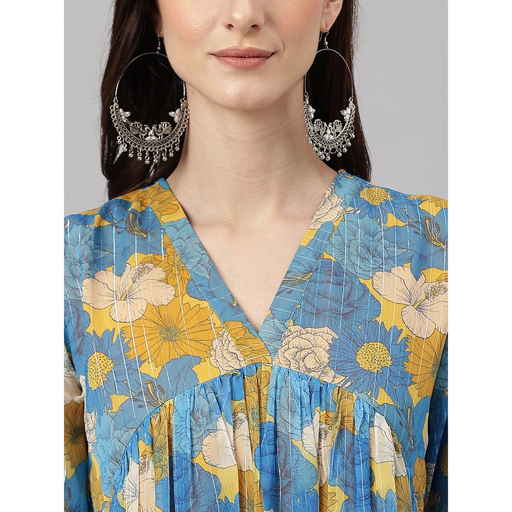 Janasya Women Blue Chiffon Lurex Floral Printed flared Kurta