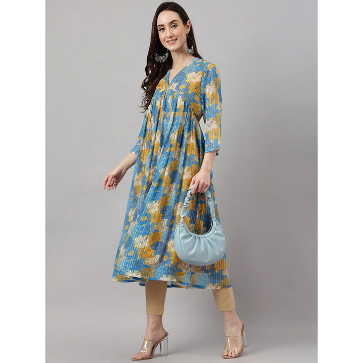 Janasya Women Blue Chiffon Lurex Floral Printed flared Kurta