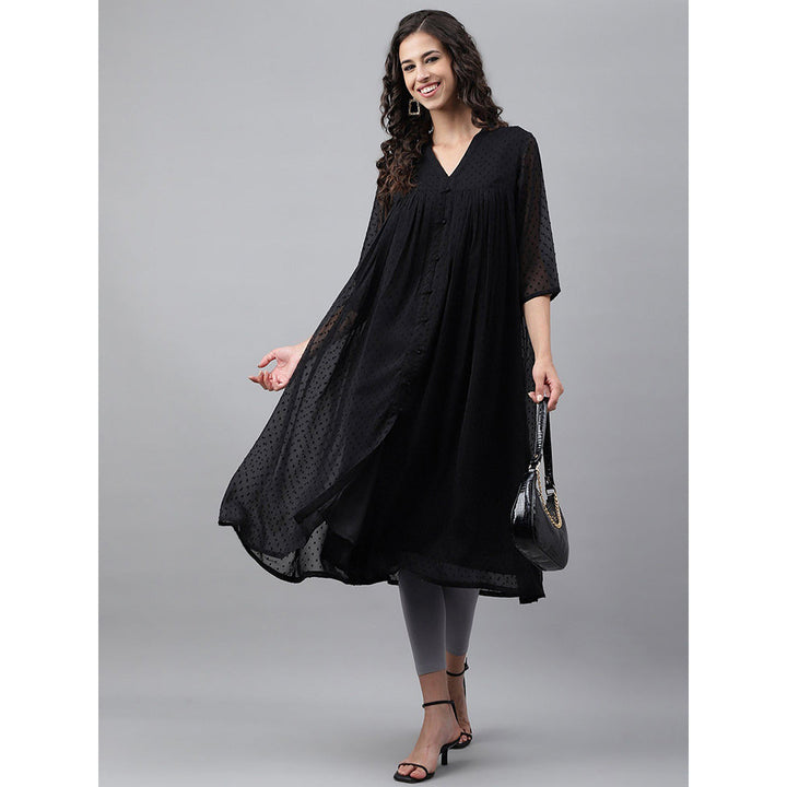 Janasya Women Black Dobby Chiffon Self Design Empire Kurta