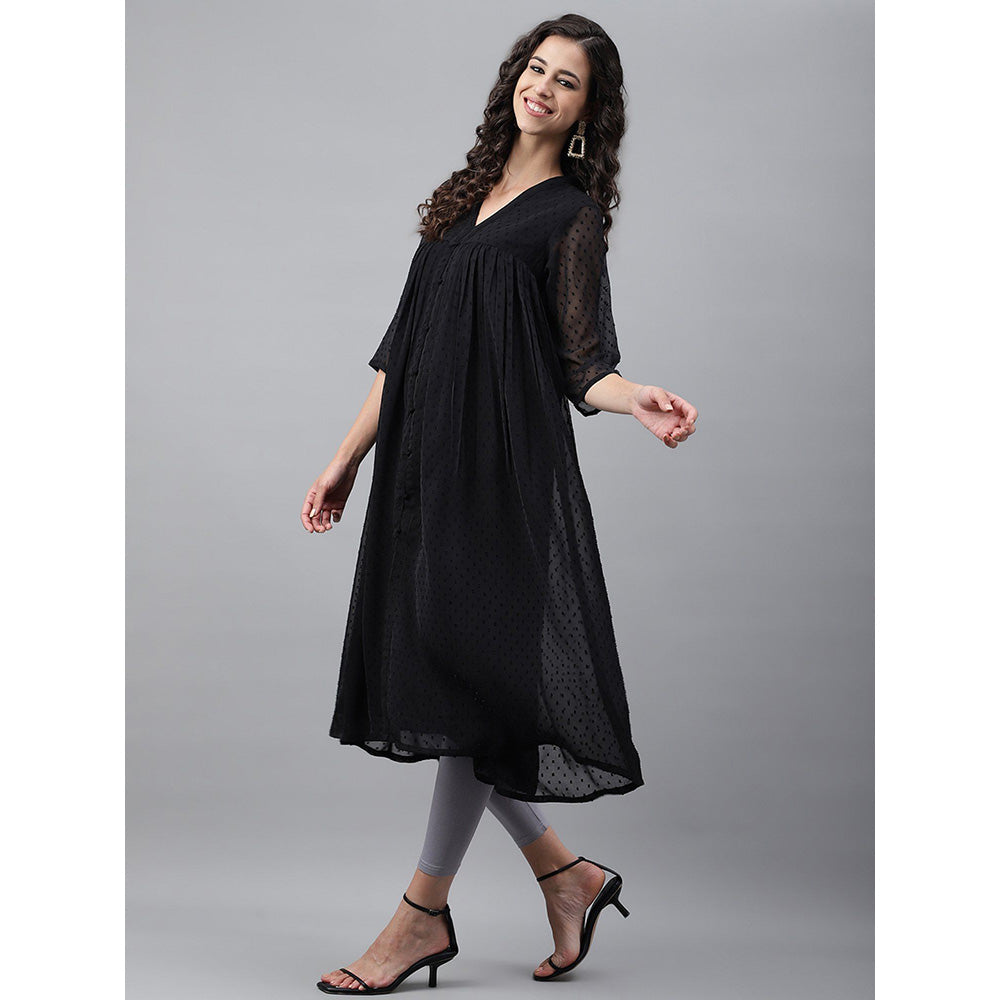 Janasya Women Black Dobby Chiffon Self Design Empire Kurta