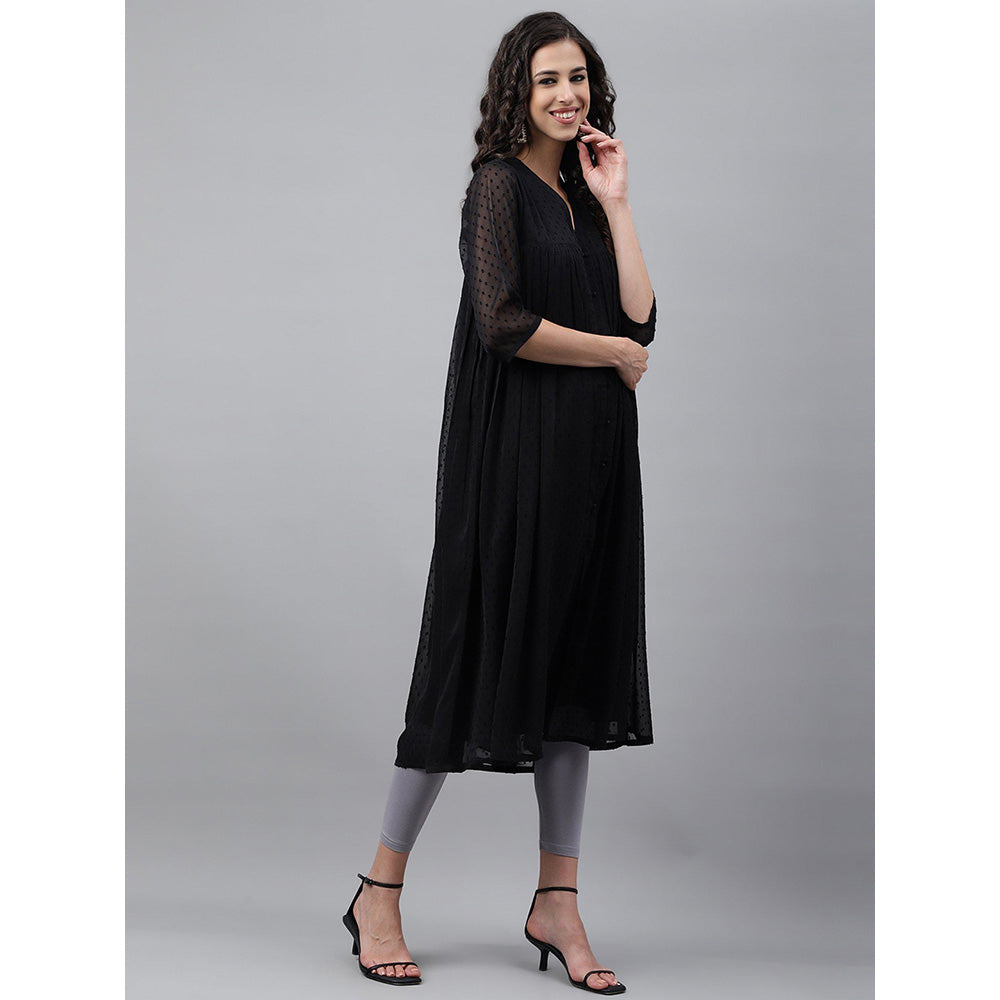 Janasya Women Black Dobby Chiffon Self Design Empire Kurta