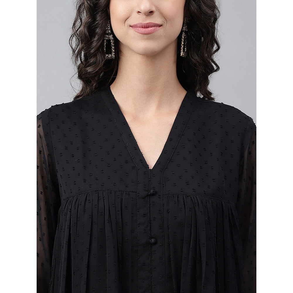 Janasya Women Black Dobby Chiffon Self Design Empire Kurta