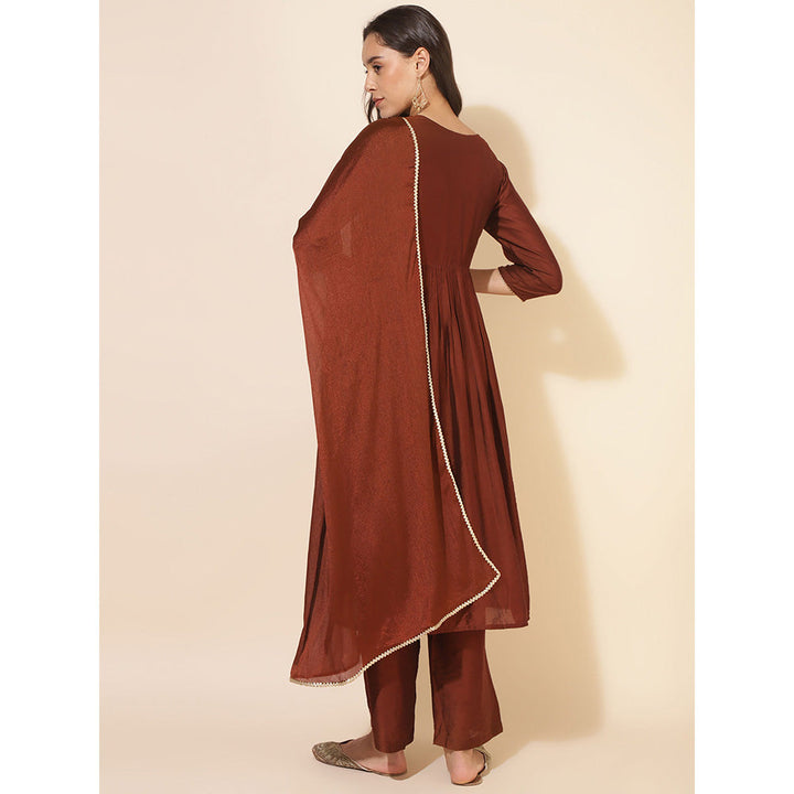 Janasya Brown Chanderi Embellished Flared Kurta with Pant & Dupatta (Set of 3)