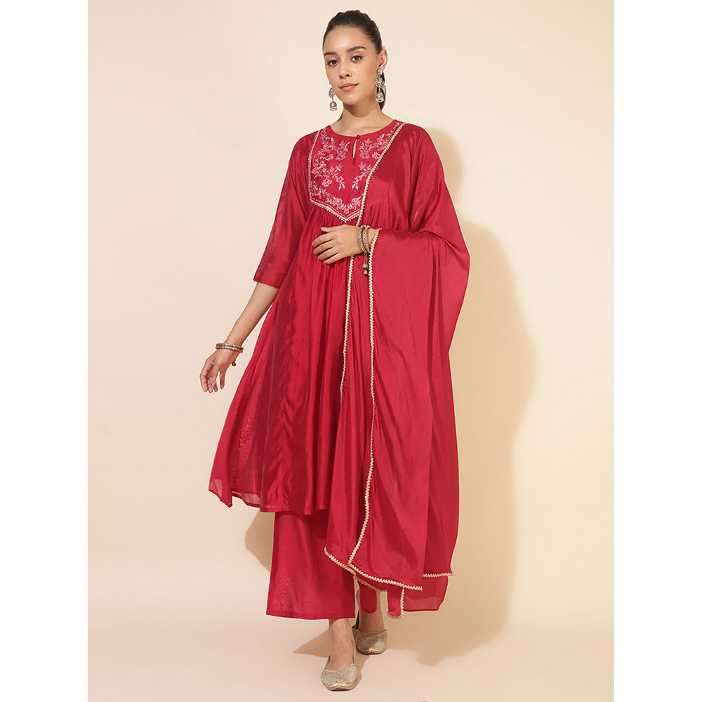 Janasya Red Chanderi Flared Kurta with Pant & Dupatta (Set of 3)