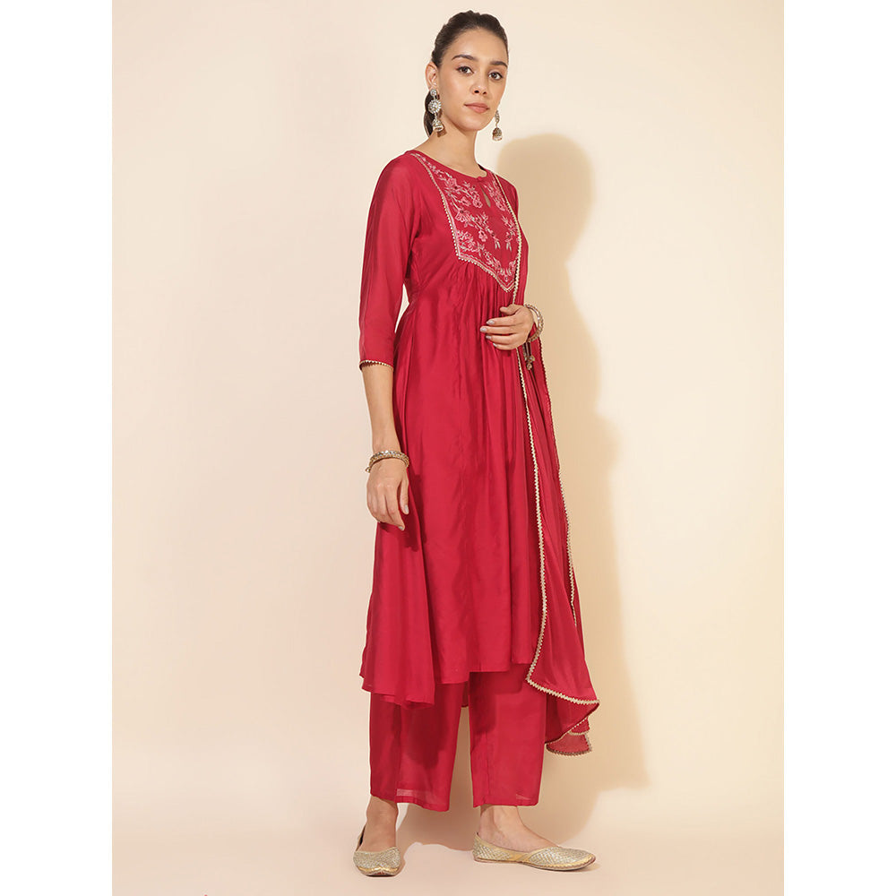 Janasya Red Chanderi Flared Kurta with Pant & Dupatta (Set of 3)