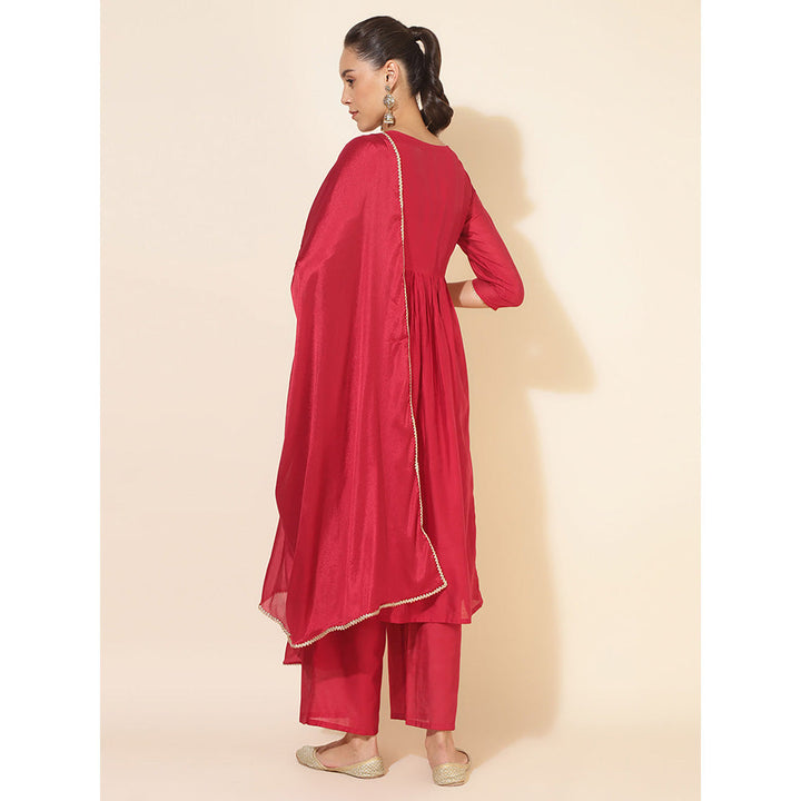 Janasya Red Chanderi Flared Kurta with Pant & Dupatta (Set of 3)