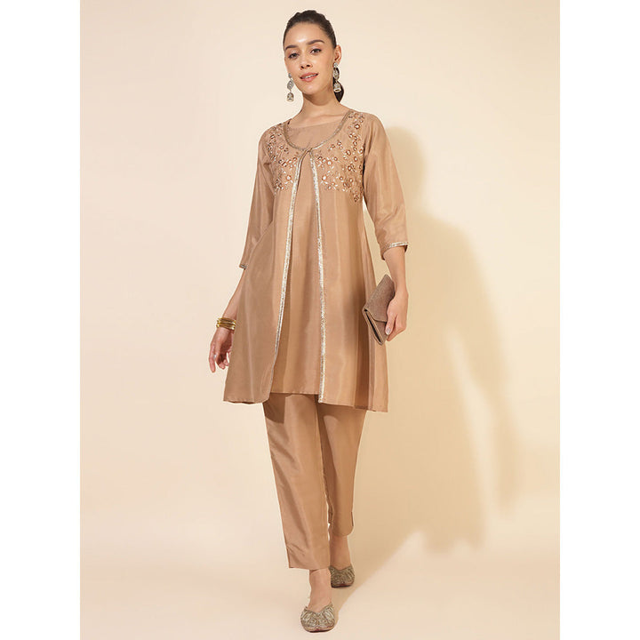 Janasya Beige Crepe Silk Jacket Style Kurta & Pant (Set of 2)