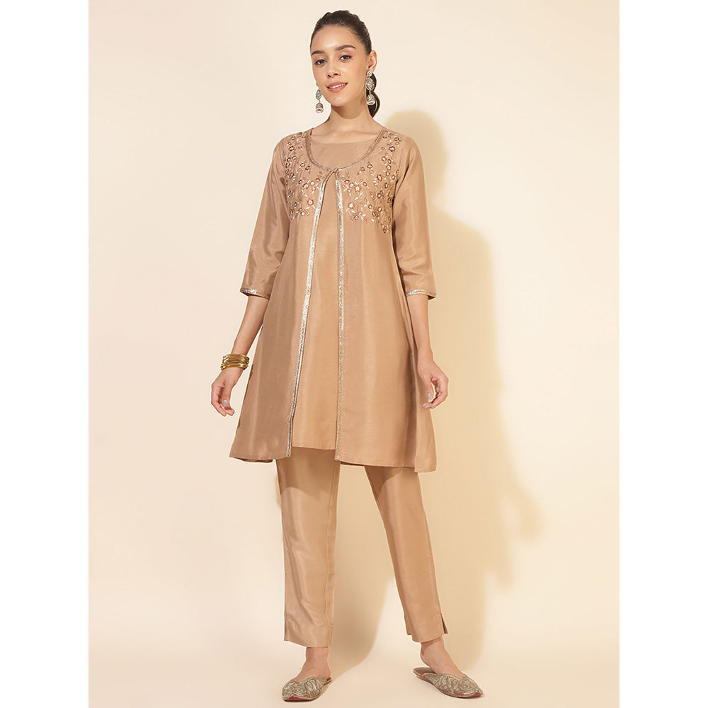 Janasya Beige Crepe Silk Jacket Style Kurta & Pant (Set of 2)