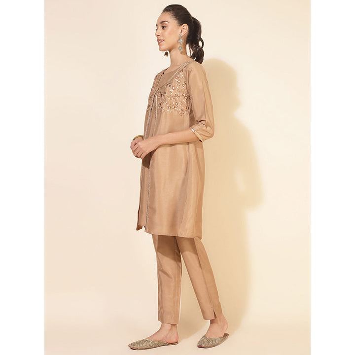 Janasya Beige Crepe Silk Jacket Style Kurta & Pant (Set of 2)