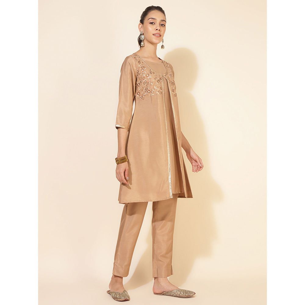 Janasya Beige Crepe Silk Jacket Style Kurta & Pant (Set of 2)