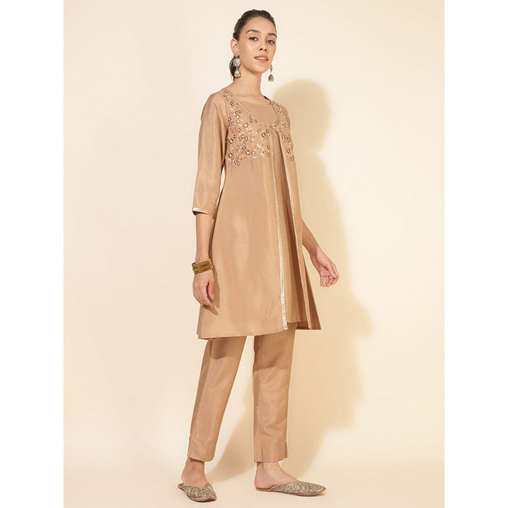 Janasya Beige Crepe Silk Jacket Style Kurta & Pant (Set of 2)