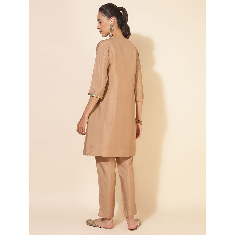 Janasya Beige Crepe Silk Jacket Style Kurta & Pant (Set of 2)