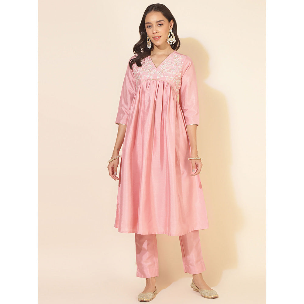 Janasya Pink Crepe Silk Yoke Embroidery Flared Kurta with Pant (Set of 2)