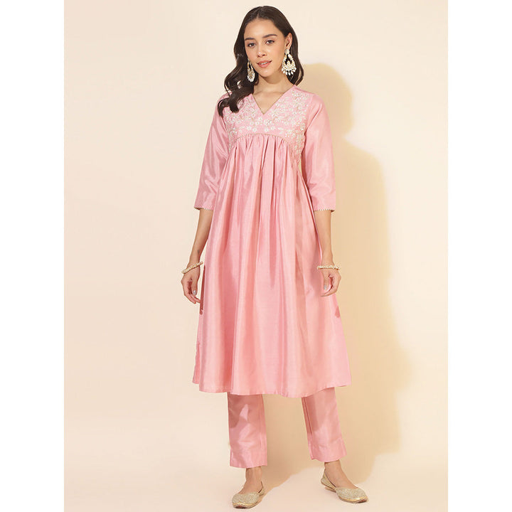 Janasya Pink Crepe Silk Yoke Embroidery Flared Kurta with Pant (Set of 2)