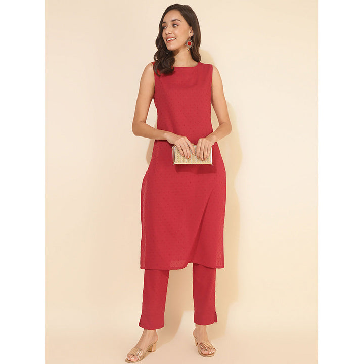 Janasya Red Cotton Dobby Solid Co-ord (Set of 2)