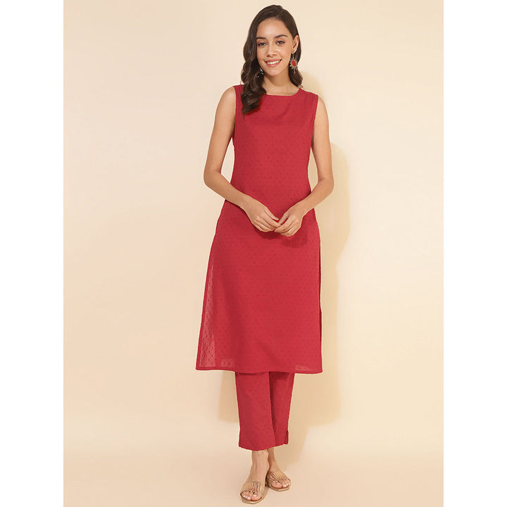 Janasya Red Cotton Dobby Solid Co-ord (Set of 2)