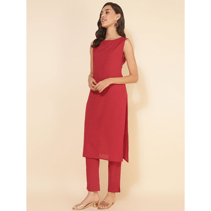 Janasya Red Cotton Dobby Solid Co-ord (Set of 2)