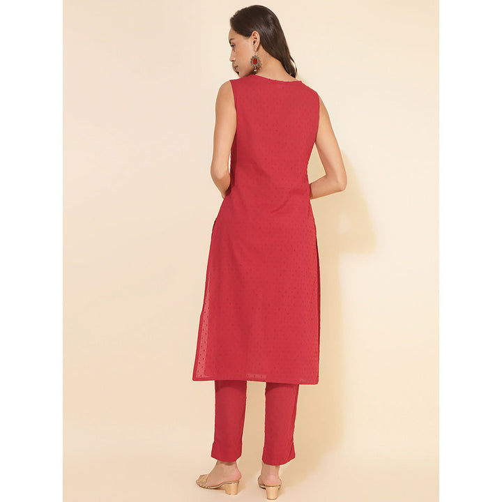 Janasya Red Cotton Dobby Solid Co-ord (Set of 2)