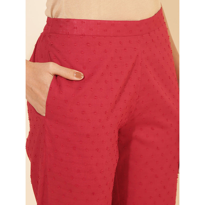 Janasya Red Cotton Dobby Solid Co-ord (Set of 2)