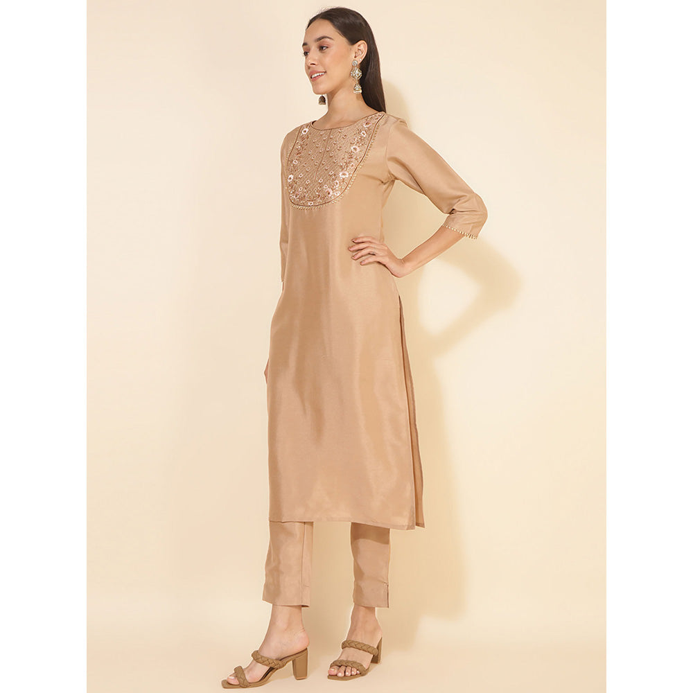 Janasya Beige Crepe Silk Yoke Embroidery Kurta and Pant (Set of 2)