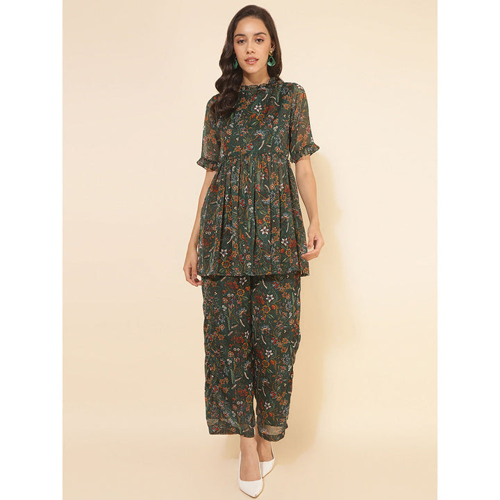 Janasya Green Chiffon Lurex Floral Co-ord (Set of 2)