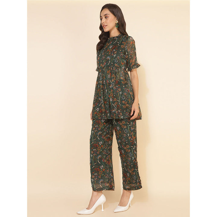 Janasya Green Chiffon Lurex Floral Co-ord (Set of 2)