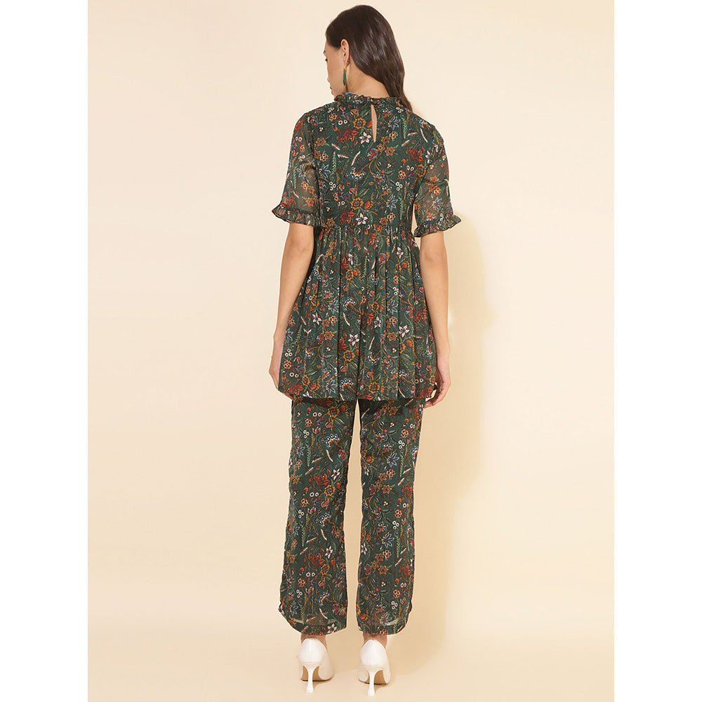 Janasya Green Chiffon Lurex Floral Co-ord (Set of 2)