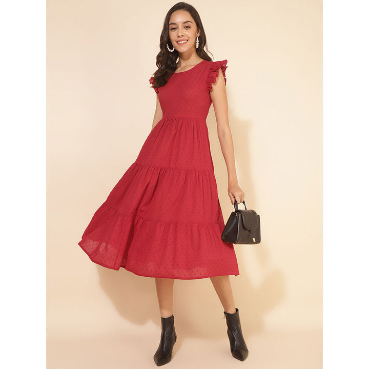 Janasya Red Cotton Dobby Tiered Dress