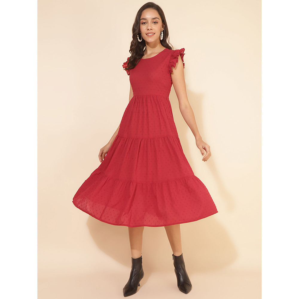 Janasya Red Cotton Dobby Tiered Dress