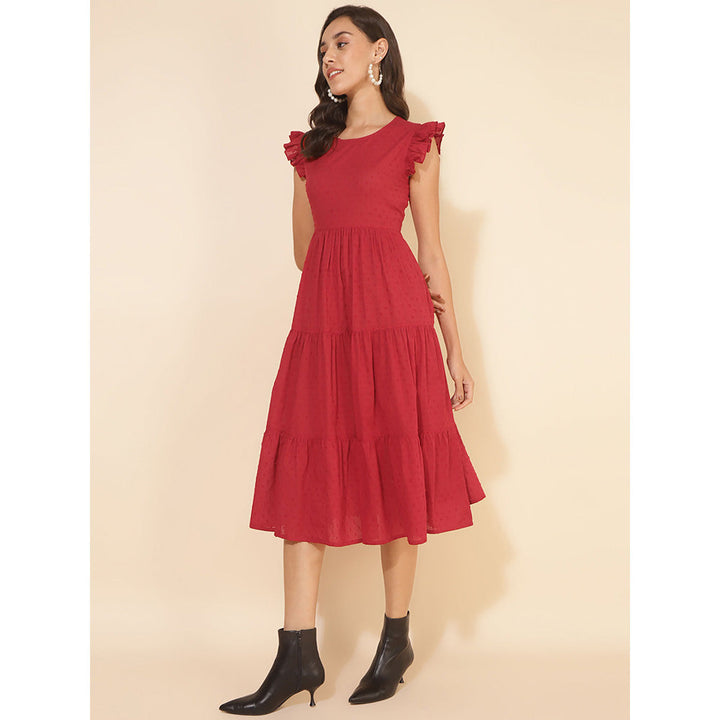 Janasya Red Cotton Dobby Tiered Dress