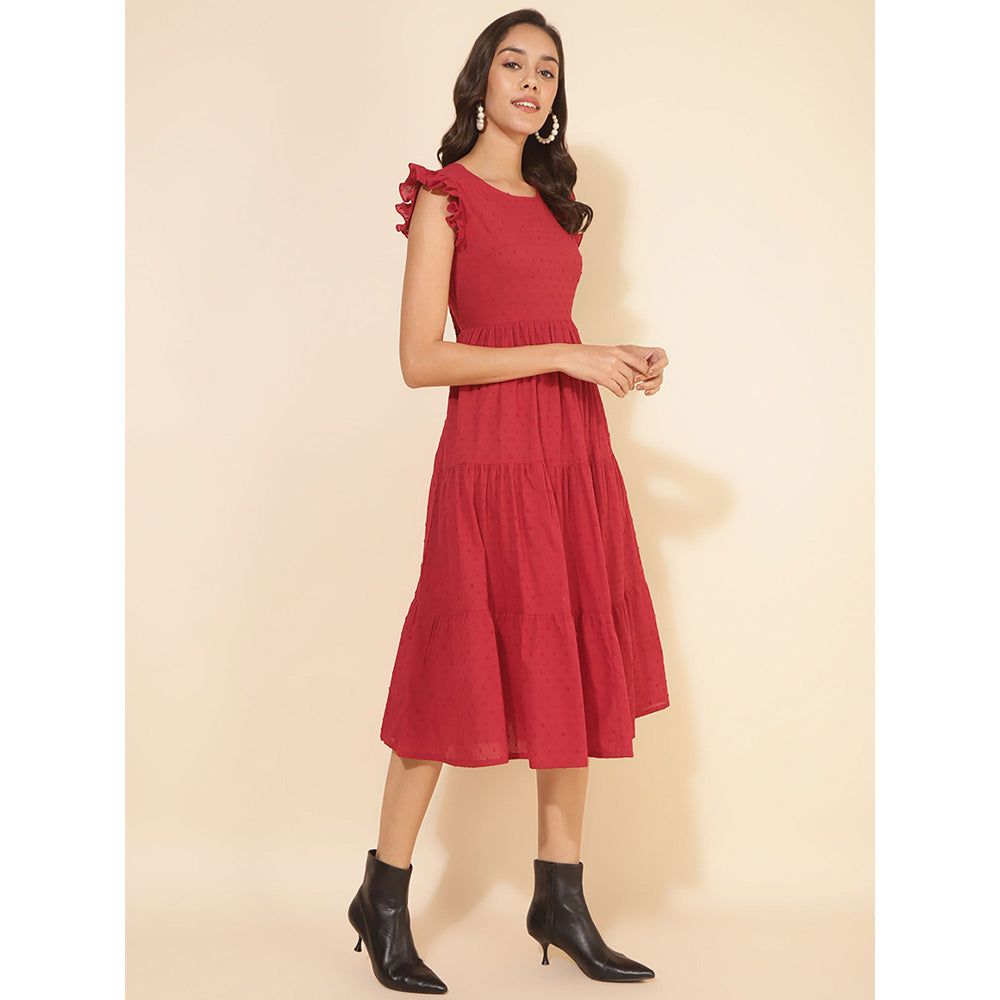 Janasya Red Cotton Dobby Tiered Dress